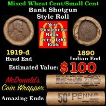Small Cent Mixed Roll Orig Brandt McDonalds Wrapper, 1919-d Lincoln Wheat end, 1890 Indian other end