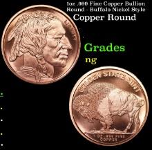 1oz .999 Fine Copper Bullion Round - Buffalo Nickel Style