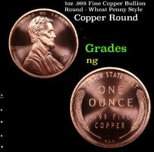 1oz .999 Fine Copper Bullion Round - Wheat Penny Style