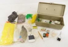 Fly Tying feathers and supplies in metal box