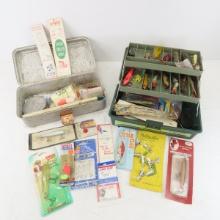 Vintage tackle boxes with lures and gear, some NIP