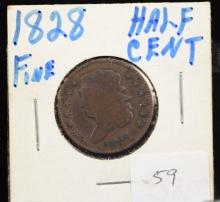 1828 Half Cent Copper Curl Base Fine