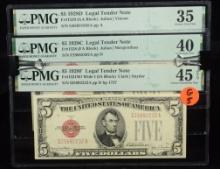 1928F-C-D $5 Legal Tender 3 Red Seals PMG35-45 G5