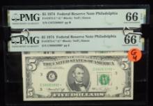 1974 $5 FRN 2 Notes Philadelphia Star Notes PMG66EPQ G4