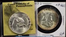 1949-D & 1955 Pair of Silver Franklin Half Dollars UNC