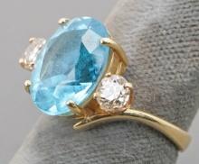 14k Blue Topaz & Diamond Ring, Sz. 6.5, 6 Grams