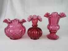 Lot (3) Vintage Signed Fenton Cranberry Glass Pieces as Shown