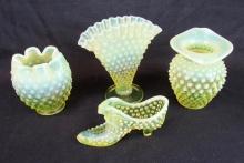 Lot (4) Vintage Fenton Vaseline Opalescent Hobnail Pieces (Uranium Glass)