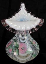 Artist Signed Fenton Hand Painted 9" Drapery Opalescent Pink Crest Jack in a Pulpit JIP Vase