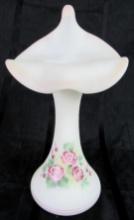 Beautiful Artist Signed Fenton Hand Painted 10.75" White Satin Jack in a Pulpit JIP Vase