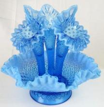Vintage Fenton Art Glass Blue Opalescent Hobnail 3 Horn Epergne 10"