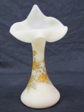 Artist Signed Fenton Hand Painted 10.75" Satin Custard Jack in a Pulpit JIP Vase