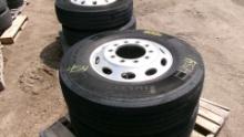 2-FERILLI 11R X 22.5 ON ALUMINUM PILOT  (Peterbilt Logo rims ) steering tires  (2 x your bid)