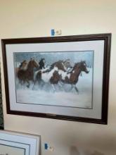 Signed. "Winter Run" by Chris Cummings 1993, 629/850 framed art. 27" x 36"