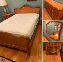 Antique bedroom set. Dresser and mirror,one night stand & full size bed frame with headboard