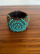 Turquoise and gold color embroidered cuff bracelet