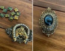 Broken New Zealand bracelet & magnetic brooch missing back magnet & Stamped Art brooch