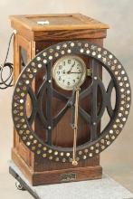 Antique oak case IBM Time Clock with original metal manufacturer's tag on front, measures 35" T  wit