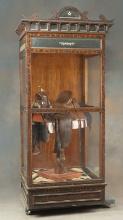 A most unusual antique oak & glass single door Showcase with unique beveled multi-mirrored crest, ci