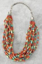 Colorful 10 string turquoise and coral beaded Necklace by noted designer Don Lucas, 23" long marked