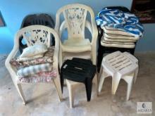 Large Lot of Plastic Outdoor Chairs, Tables and Mixed Cushions