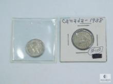 1938 (VG) & 1947 (F) Maple Leaf Canada Nickels