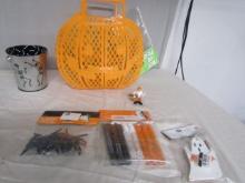Plastic Candy Basket, Metal Tub, 4 N I B Spiders, Bubbles, Ghosts Hangers And