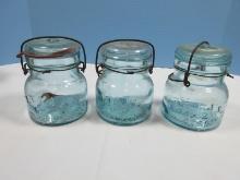 3 Atlas E-Z Seal Blue Glass Squatty Pint Canning Jars Wire Lock and Glass Lid