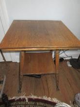 Victorian Era Tiger Oak Center Parlor Table w/ Lower Shelf on Metal Claw and Glass Ball Feet