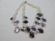 Double Stamped Cultured Pearls Choker Necklace Amethyst Chevron Polished Quartz
