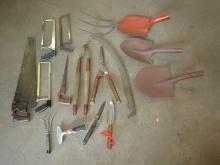 Lot Early 3 Tine Pitch Fork, 3 Shovels, Hand Saw, Pruner, Hedge Clippers etc.