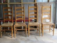 4 Farmhouse Ladder Back Chairs w/Rush Seats & Finial Accents