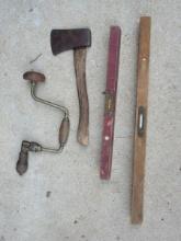 Lot 2 Wooden Levels, Hand Drill & Axe