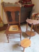 Furniture Lot Pine Foot Stool, Knotty Pine 2 Tier heart Shape Table & Oak Urn Splat Back Chair w/