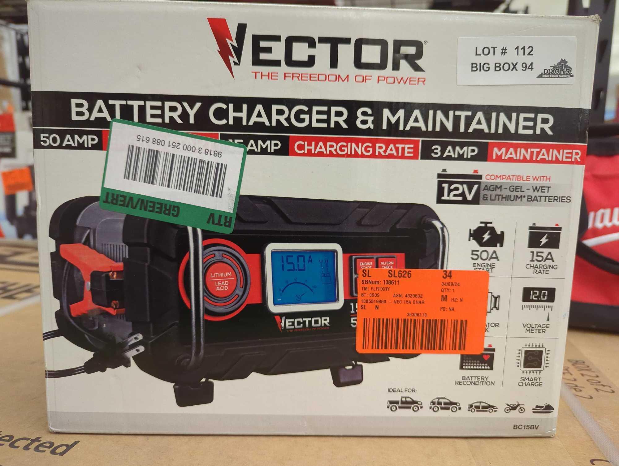 VECTOR 15 Amp Automatic 12V Battery Charger with 50 Amp Engine Start and Alternator Check, Appears