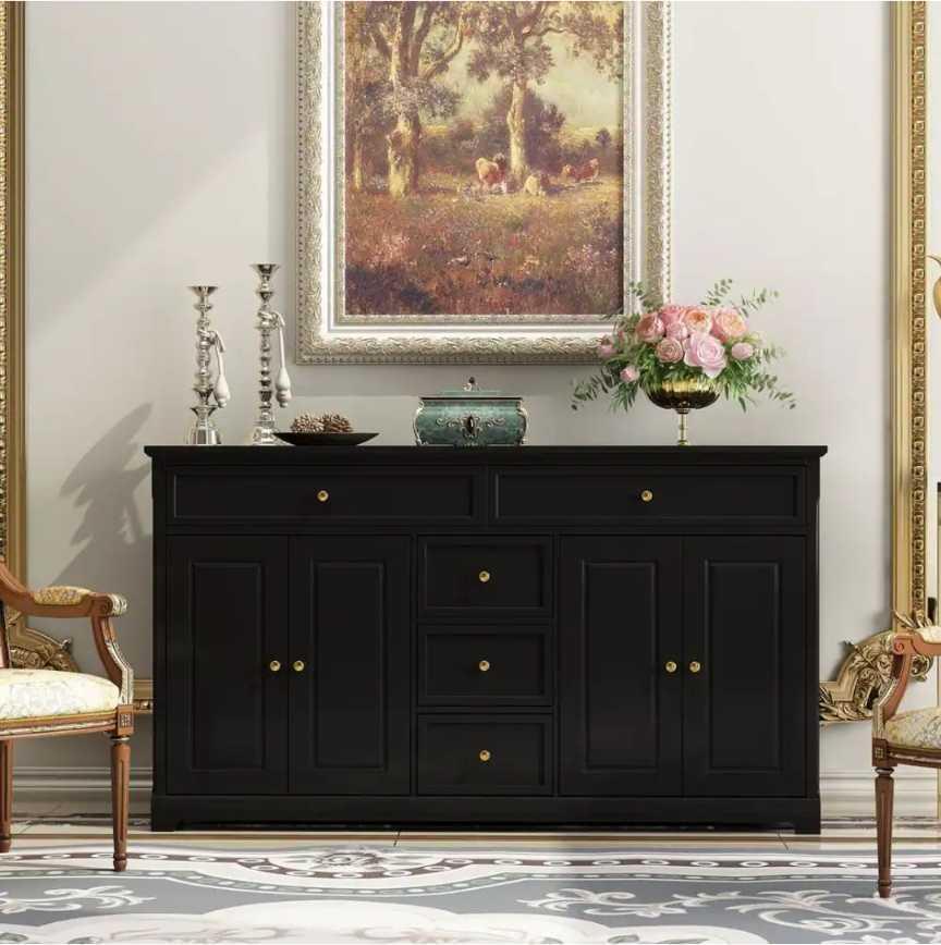 FUFU AND GAGA Black Wood 59.1 in. W Sideboard with 2-Large Drawers, 3-Small Drawers and 2-Cabinets