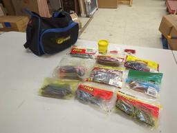 Bass Member bag and contents, including fishing, worm, lures and other accessories. Comes as is