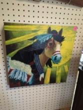 CANVAS PAINTING OF A NATIVE AMERICAN DECORATED HORSE, 15"...