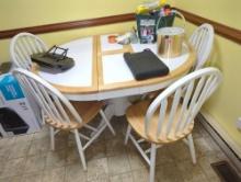 (KIT)LIGHT STAINED WOOD TILE TOP TABLE SET, TABLE AND 4 SLAT BACK CHAIRS, 1 FOLDING LEAF. MEASURES