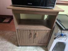 (KIT) WOOD GRAIN PARTICLE BOARD ROLLING MICROWAVE CABINET WITH TWO CABINET DOORS & MIDDLE SHELF. IT
