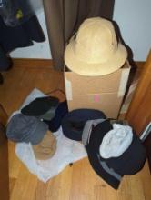 (LR) LOT OF MISC HATS, SAFARI HELMET, STRAW HATS, CAPS, BEANIES, ETC