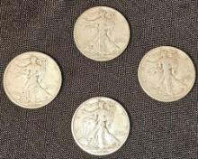 Lot of 4 Silver Walking Liberty Half Dollars. Includes Years 1934, 1943, 1945 and 1941.