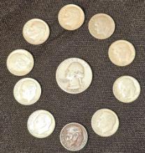 Lot of 11 Silver Coins. Includes 1950 Quarter and (5) 1964, 1968, 1952, 1951, 1947 and 1958 Dimes.