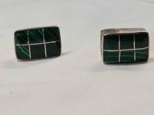 Vintage Sterling Silver Taxco Malachite Earrings. Marked 925. 12.8 grams....Measurement in pics.