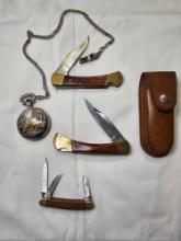 Vintage lot. Lot includes 3 pocket knives. One comes with a sheath marked Freightliner. Also,