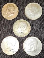 5 Silver Half Dollars. Years 1968(2), 1969, 1967(2).