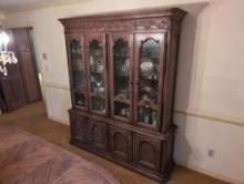 (DR) VINTAGE CABERNET BY DREXEL FRENCH PROVINCIAL WOOD TWO PIECE CHINA CABINET. FEATURES DECORATIVE