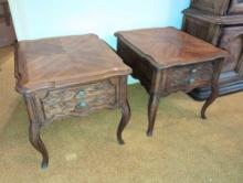 (DR) PAIR OF VINTAGE CABERNET BY DREXEL FRENCH PROVINCIAL TWO DRAWER END TABLES WITH CARVED LEGS,