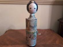 (DR) JAPANESE KOKESHI WRAPPED SCROLL DOLL. MADE OF WOOD. MADE BY GOOD LUCK GOOD MEMORY IN JAPAN. IT