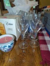 (KIT) LOT OF ASSORTED ITEMS TO INCLUDE, 2 ASSORTED STYLES OF CANDLES, FINE HANDMADE GLASS STEMMED